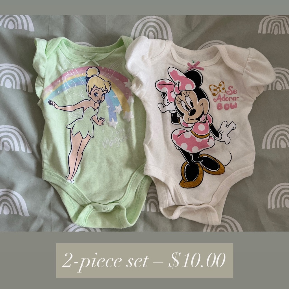 Disney Tinkerbell and Minnie Mouse Bodysuit Set - Light Green and Cream